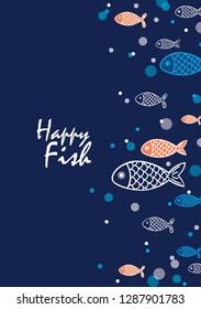 Outline school of ocean fish swimming on navy blue background vector for decoration on summer season events.