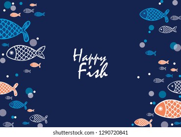 Outline school of ocean fish swimming on navy blue background vector for decoration on summer season events.