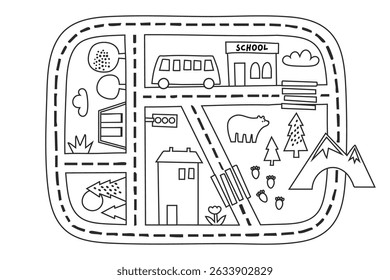 outline school road map with school bus, building, bear, forest trees, mountains, footprints, traffic light and clouds in black line art style on white background, concept of coloring page, kids learn