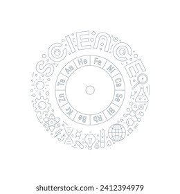 outline science and science symbols around circle. science and element symbols concept