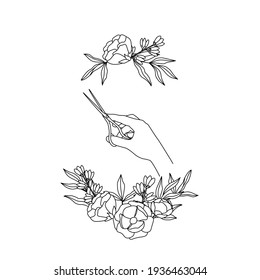 The outline of the scissors in the hand in a frame of flowers. The hairdresser holds the tool. Sketch, doodle, black line on white background. Barbers sign, vector with editable stroke.