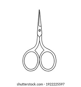 Icono de tijeras de contorno, doodle, ilustración en blanco y negro. Ilustración del material vectorial.