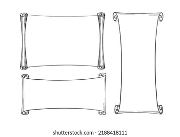 Outline scroll set. Vector simple illustration with place for text. Blank for design with copy space. Linear hand drawing.
