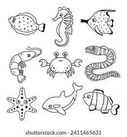 outline sea animals, cute cartoon characters set, ocean fishes, crab, shrimp, killer whale, moray eel and starfish isolated on white