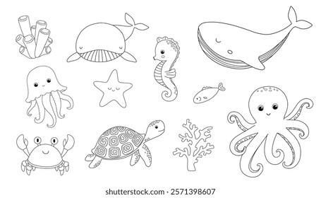 Outline sea animals set for children. Vector line nautical illustration for coloring book, whale, seahorse,octopus and jellyfish