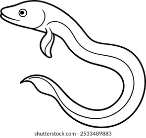 Outline sea eel fish like Ribbon eel, Moray eel fish line art vector design. Line drawing of a eel isolated on white background. Hand drawn doodle vector illustration.