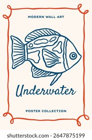 Outline sea fish vector illustration. Minimalist retro poster design with ocean creature in whimsical frame
