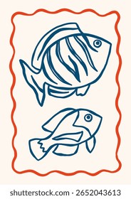 Outline sea fishes vector illustration. Minimalist retro poster design with ocean creatures in whimsical frame