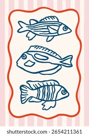 Outline sea fishes vector illustration. Minimalist retro poster design with ocean creatures in whimsical frame on striped background