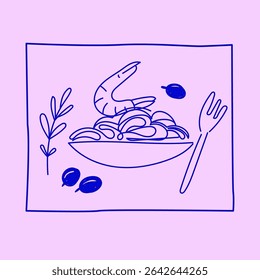 Outline Sea Food Contour Sketch Illustration. Vintage Mediterranean Atmosphere Life Symbol. Travel Rest Resort Vacation Theme. Line Hand Drawn Doodle Card Invitation Poster Print Design. Fresh Meal 