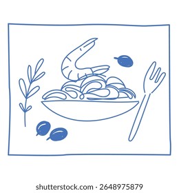 Outline Sea Food Contour Sketch Illustration. Vintage Mediterranean Atmosphere Life Symbol. Travel Rest Resort Vacation Theme. Line Hand Drawn Doodle Card Invitation Poster Print Design. Fresh Meal