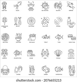 Outline Sea food flat vector icon collection set