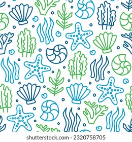 Outline sea plants seamless pattern. Doodle seaweed, seashells and starfish on a white background.
