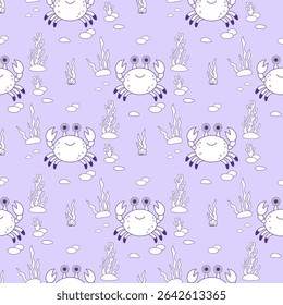 Contorno Mar Sem Costura Padrão. Caranguejo bonito com algas em fundo roxo claro. Ilustração de vetor. Desenho de linha. Coleção Kids