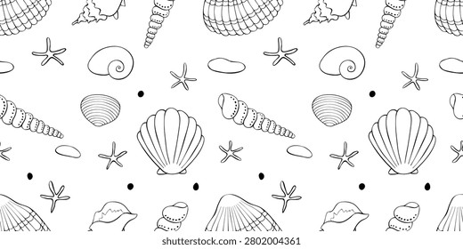 Outline Sea shells seamless pattern. Marine background with shellfishes, sinks, pebbles and starfishes. Beach holiday theme. Hand draw design for wrapping paper, wallpaper, coloring book