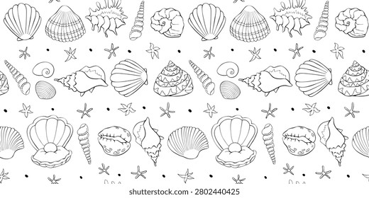 Outline Sea shells seamless pattern. Marine background with shellfishes, sinks, pebbles and starfishes. Beach holiday theme. Hand draw design for wrapping paper, wallpaper, coloring book