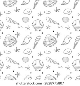 Outline Sea shells seamless pattern. Marine background with shellfishes, sinks, pebbles and starfishes. Beach holiday theme. Hand draw design for wrapping paper, wallpaper, coloring book
