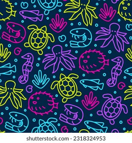 Outline sea ​​creatures turtle, octopus, fish in neon colors on a dark background seamless pattern.