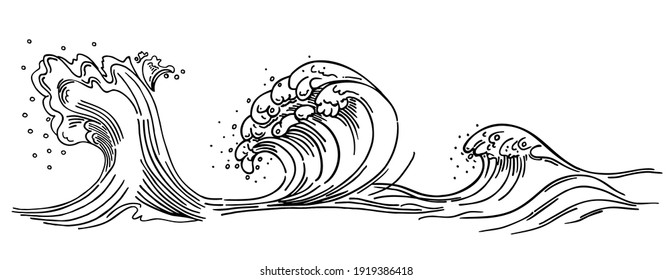 Outline of sea wave. Sea wave crest. Hand drawn sketch with transparent background. Linear monochrome vector illustration.