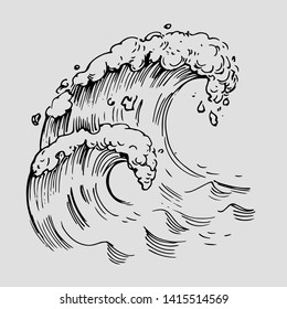 Outline of sea wave. Hand drawn sketch with transparent background. Vector