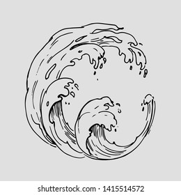 Outline Of Sea Wave. Hand Drawn Sketch With Transparent Background. Vector