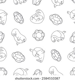 Outline Seal Animal Lifebuoy Pattern Vector Illustration Seamless for Background Wallpaper Packaging Cover