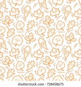 Outline seamless Autumn pattern with smiling leaves characters