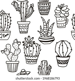 Outline seamless cactus pattern. Plant fabric print. Contour succulent drawing. Nature textile background. Mexican decor. Vector illustration
