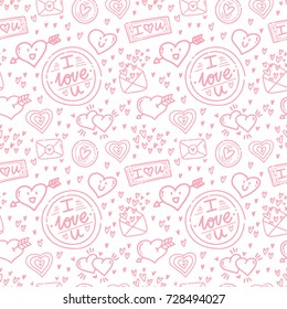 Outline seamless cute love pattern with stamps, smiling heart characters and arrows, background design