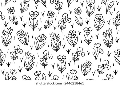 Outline seamless floral pattern with hand drawn flowers. Line art seamless black and white floral pattern. Endless repeating minimalistic abstract design.