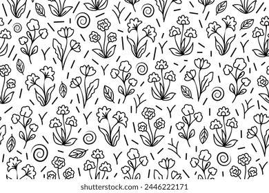 Outline seamless floral pattern with hand drawn flowers. Line art seamless black and white floral pattern. Endless repeating minimalistic abstract design.