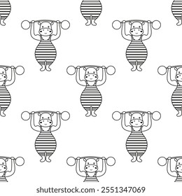 outline seamless pattern with animal artist, circus vector childish background with strongman hippo