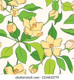 Contorno a un patrón sin fisuras con flor de manzana. Impresión floral primaveral, fondo botánico romántico con flores, hojas en una rama. Ramas floridas sobre un fondo blanco. Ilustración vectorial.