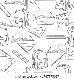 Outline seamless pattern with backpack, ruler and open book, coloring page for back to school, vector illustration for design and creativity