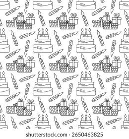 Outline seamless pattern with birthday elements: gifts, balloons, cakes. Clean line art on white, great for kids party designs and holiday packaging