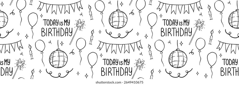 Contorno padrão sem emenda com bolo de festa de aniversário, balão, confete. Ideal para embrulho de presente, convites, suprimentos para festas. Ilustração de doodle de vetor, humor lúdico e comemorativo.