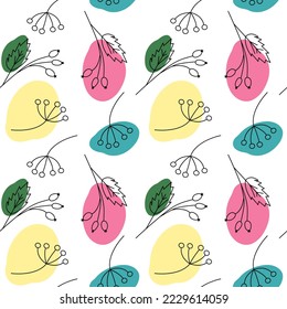 Outline Seamless pattern from branches with spots in bright marker hues. Abstract background texture