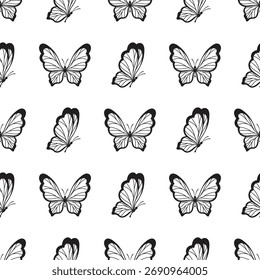 outline seamless pattern of butterflies, black and white background, perfect for textile, wallpaper and wrapping paper