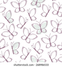Outline seamless pattern with butterflies. Stylized hand drawn vector illustration