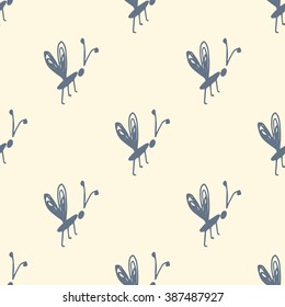 Outline seamless pattern with butterflies. Stylized hand drawn illustration