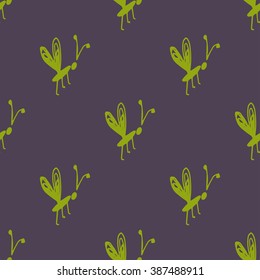 Outline seamless pattern with butterflies. Stylized hand drawn illustration