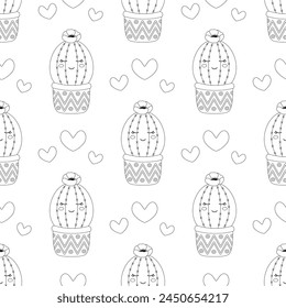 outline seamless pattern with cactus in pot and hearts, houseplant with funny face, flat vector illustration for valentines day