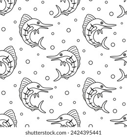 outline seamless pattern with cartoon swordfish, black and white sea animals isolated on white background, flat vector illustration of marlin fish