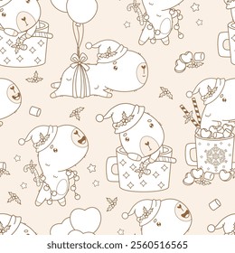 Outline Seamless pattern. Christmas Cute Capybara Santa in cup Cocoa with Marshmallows with garland and balloons on light brown background. New Year happy character. Vector illustration. Line drawing