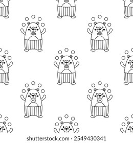 outline seamless pattern with circus animal, vector childish background with funny bear juggler