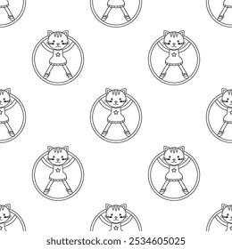 outline seamless pattern with circus cat, cute cartoon animal character isolated, wrapping paper or fabric print for children, trained animals performing circus stunts