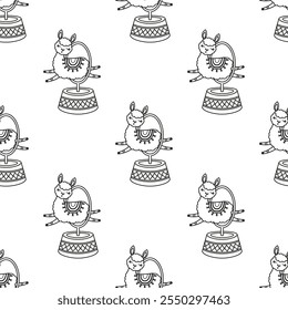 outline seamless pattern of circus llama character jumping into ring in cartoon style, flat vector illustration