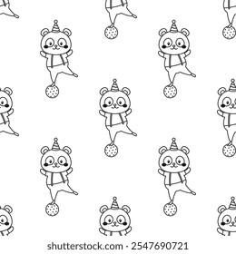 outline seamless pattern with circus panda, cute funny animals, design for nursery, fabric printing, postcard, poster, packaging, wrapping paper