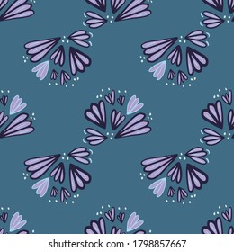 Outline seamless pattern with contoured flower silhouettes. Purple and blue doodle elements on navy pale background. Designed for wallpaper, textile, wrapping paper, fabric print. Vector illustration.