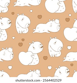 Outline Seamless pattern. Cute Capybara with heart and sleeping animal with tangerine on brown background. Vector illustration. Line drawing.